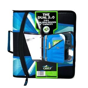 Case-It The Dual 2.0 Three Ring Zip Binder Blue & Black Handle Strap 80s New NWT